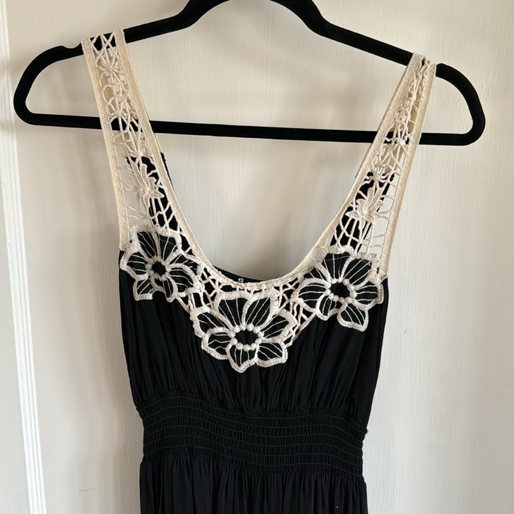Black maxi dress with ivory embroidery and crocheted straps. SZ M